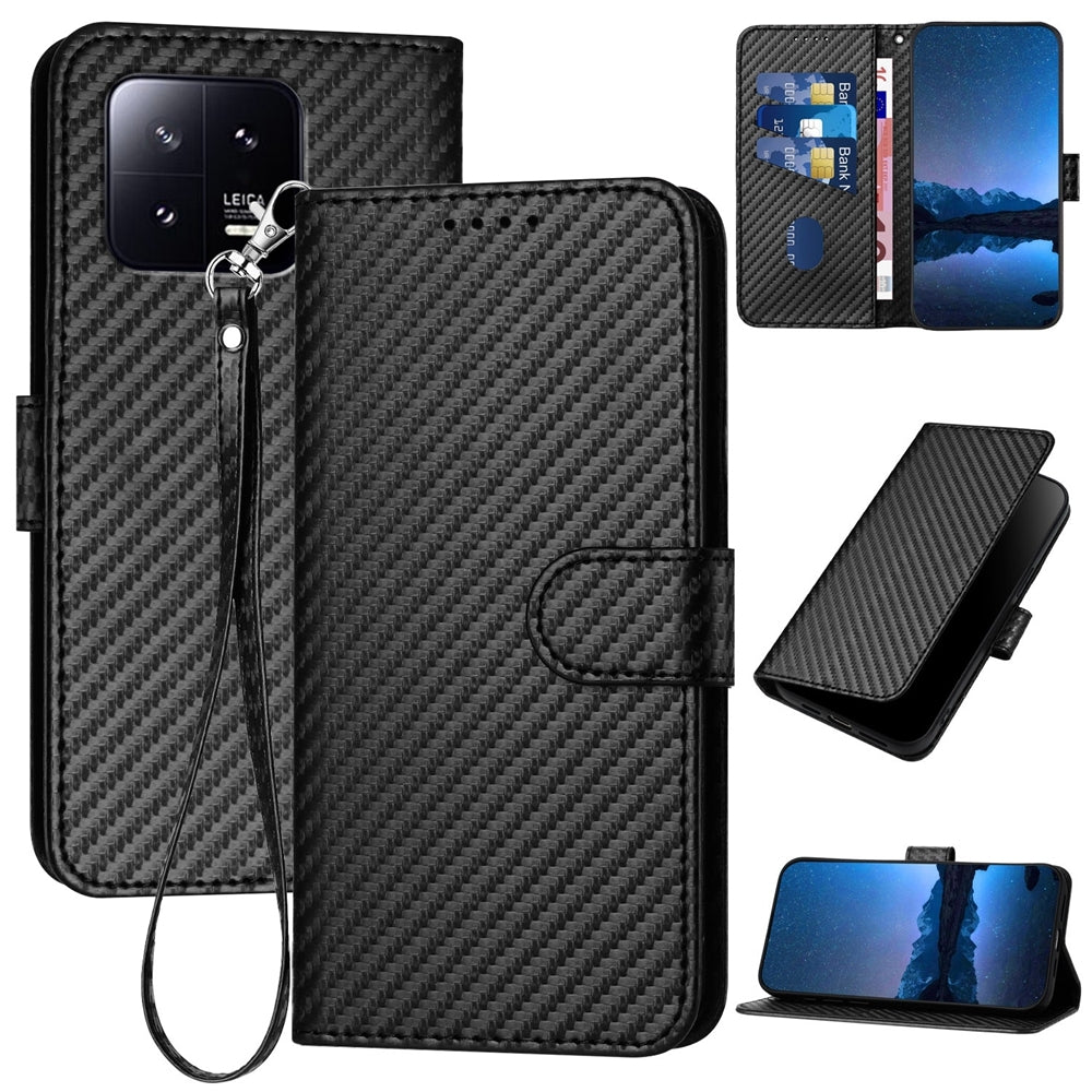 Xiaomi 13 Carbon Fiber Buckle Leather Phone Case with Lanyard, PU Leather TPU Wallet Cover with Card Slot, Cash Compartment, Stand Function & Scratch Protection