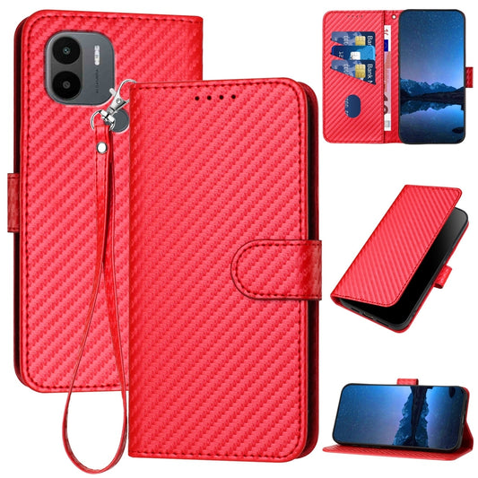 Xiaomi Redmi A1+ Carbon Fiber Buckle Leather Phone Case with Lanyard, PU Leather TPU Wallet Cover with Card Slot, Cash Compartment, Stand Function & Scratch Protection