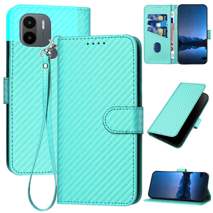 Xiaomi Redmi A1+ Carbon Fiber Buckle Leather Phone Case with Lanyard, PU Leather TPU Wallet Cover with Card Slot, Cash Compartment, Stand Function & Scratch Protection