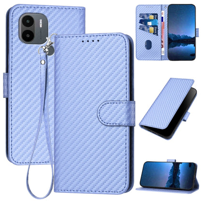 Xiaomi Redmi A1+ Carbon Fiber Buckle Leather Phone Case with Lanyard, PU Leather TPU Wallet Cover with Card Slot, Cash Compartment, Stand Function & Scratch Protection