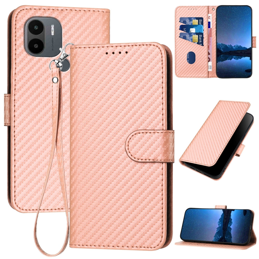 Xiaomi Redmi A1+ Carbon Fiber Buckle Leather Phone Case with Lanyard, PU Leather TPU Wallet Cover with Card Slot, Cash Compartment, Stand Function & Scratch Protection