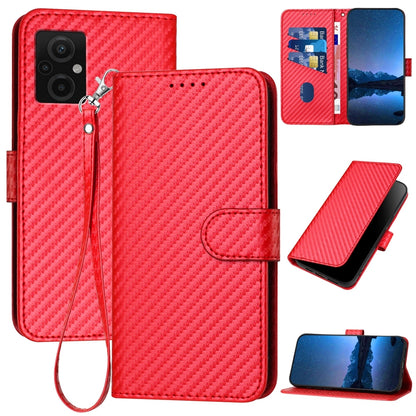 Xiaomi Poco M5 4G Carbon Fiber Buckle Leather Phone Case with Lanyard, PU Leather TPU Wallet Cover with Card Slot, Cash Compartment, Stand Function & Scratch Protection