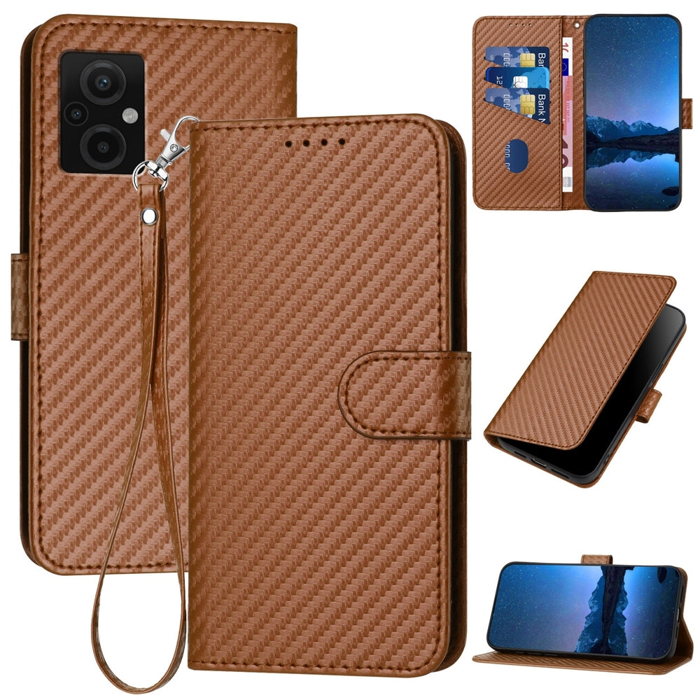 Xiaomi Poco M4 5G Carbon Fiber Buckle Leather Phone Case with Lanyard, PU Leather TPU Wallet Cover with Card Slot, Cash Compartment, Stand Function & Scratch Protection