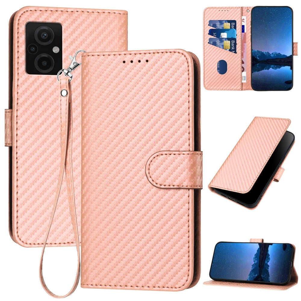 Xiaomi Poco M4 5G Carbon Fiber Buckle Leather Phone Case with Lanyard, PU Leather TPU Wallet Cover with Card Slot, Cash Compartment, Stand Function & Scratch Protection