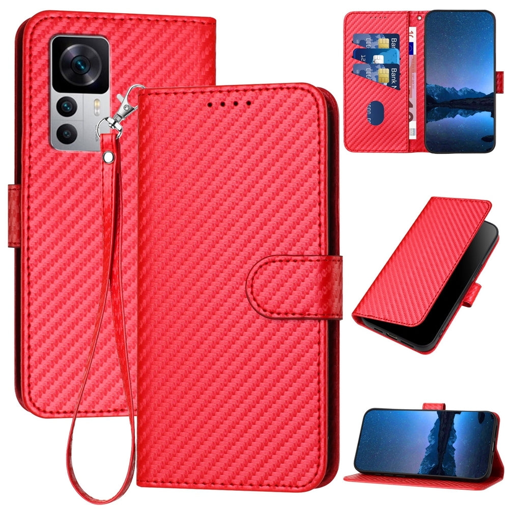 Xiaomi 12T Carbon Fiber Buckle Leather Phone Case with Lanyard, PU Leather TPU Wallet Cover with Card Slot, Cash Compartment, Stand Function & Scratch Protection