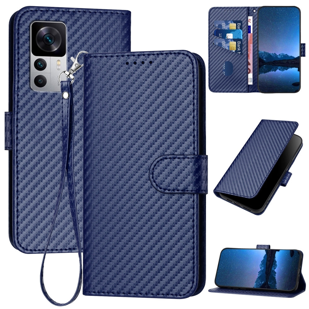 Xiaomi 12T Carbon Fiber Buckle Leather Phone Case with Lanyard, PU Leather TPU Wallet Cover with Card Slot, Cash Compartment, Stand Function & Scratch Protection