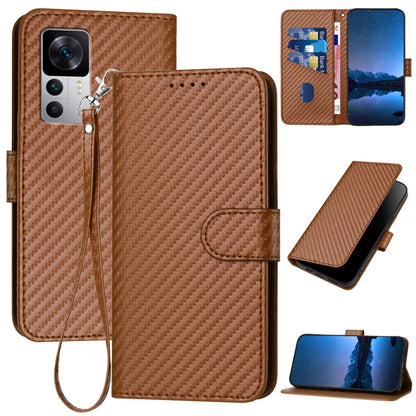 Xiaomi 12T Carbon Fiber Buckle Leather Phone Case with Lanyard, PU Leather TPU Wallet Cover with Card Slot, Cash Compartment, Stand Function & Scratch Protection