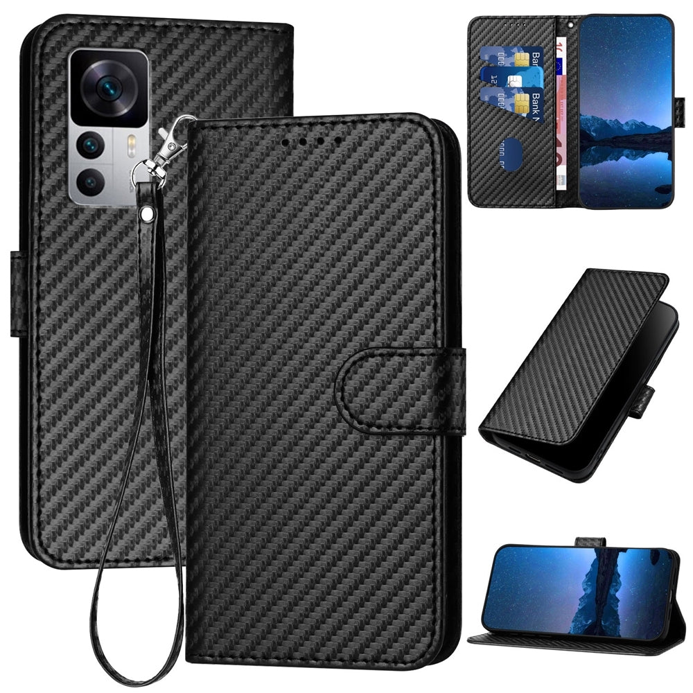 Xiaomi 12T Pro Carbon Fiber Buckle Leather Phone Case with Lanyard, PU Leather TPU Wallet Cover with Card Slot, Cash Compartment, Stand Function & Scratch Protection