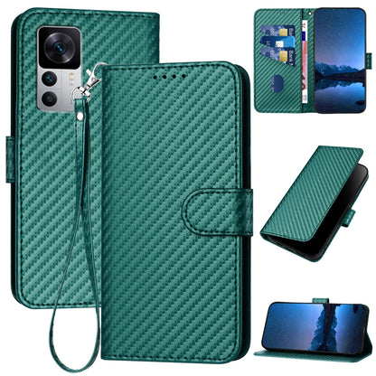 Xiaomi 12T Pro Carbon Fiber Buckle Leather Phone Case with Lanyard, PU Leather TPU Wallet Cover with Card Slot, Cash Compartment, Stand Function & Scratch Protection