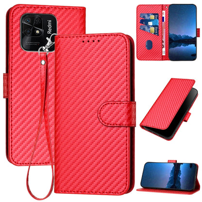 Xiaomi Redmi 10C Carbon Fiber Buckle Leather Phone Case with Lanyard, PU Leather TPU Wallet Cover with Card Slot, Cash Compartment, Stand Function & Scratch Protection