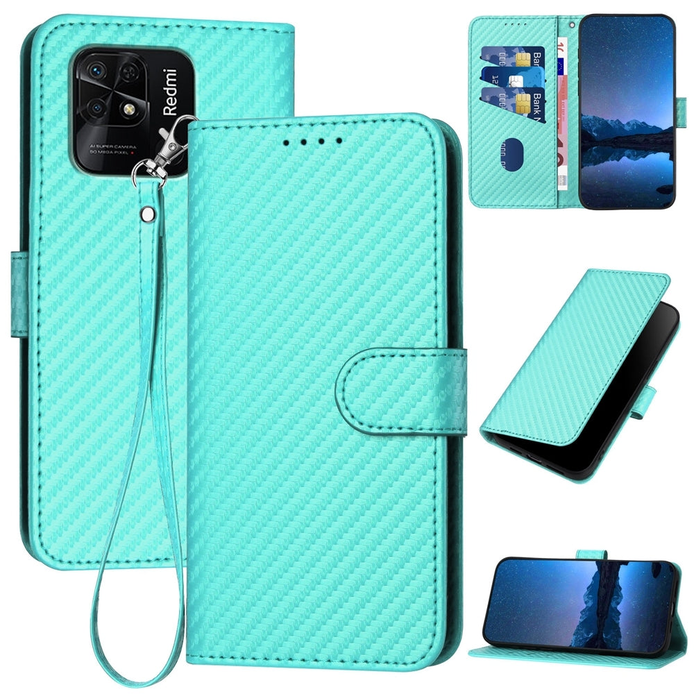 Xiaomi Redmi 10C Carbon Fiber Buckle Leather Phone Case with Lanyard, PU Leather TPU Wallet Cover with Card Slot, Cash Compartment, Stand Function & Scratch Protection