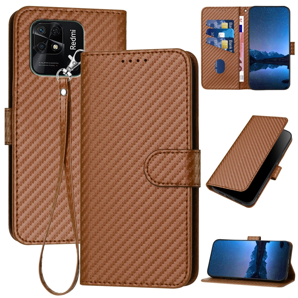 Xiaomi Redmi 10C Carbon Fiber Buckle Leather Phone Case with Lanyard, PU Leather TPU Wallet Cover with Card Slot, Cash Compartment, Stand Function & Scratch Protection