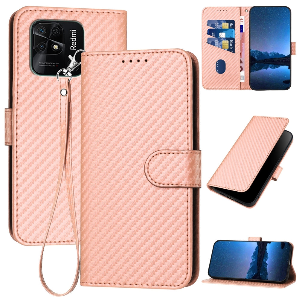 Xiaomi 10 Power Carbon Fiber Buckle Leather Phone Case with Lanyard, PU Leather TPU Wallet Cover with Card Slot, Cash Compartment, Stand Function & Scratch Protection