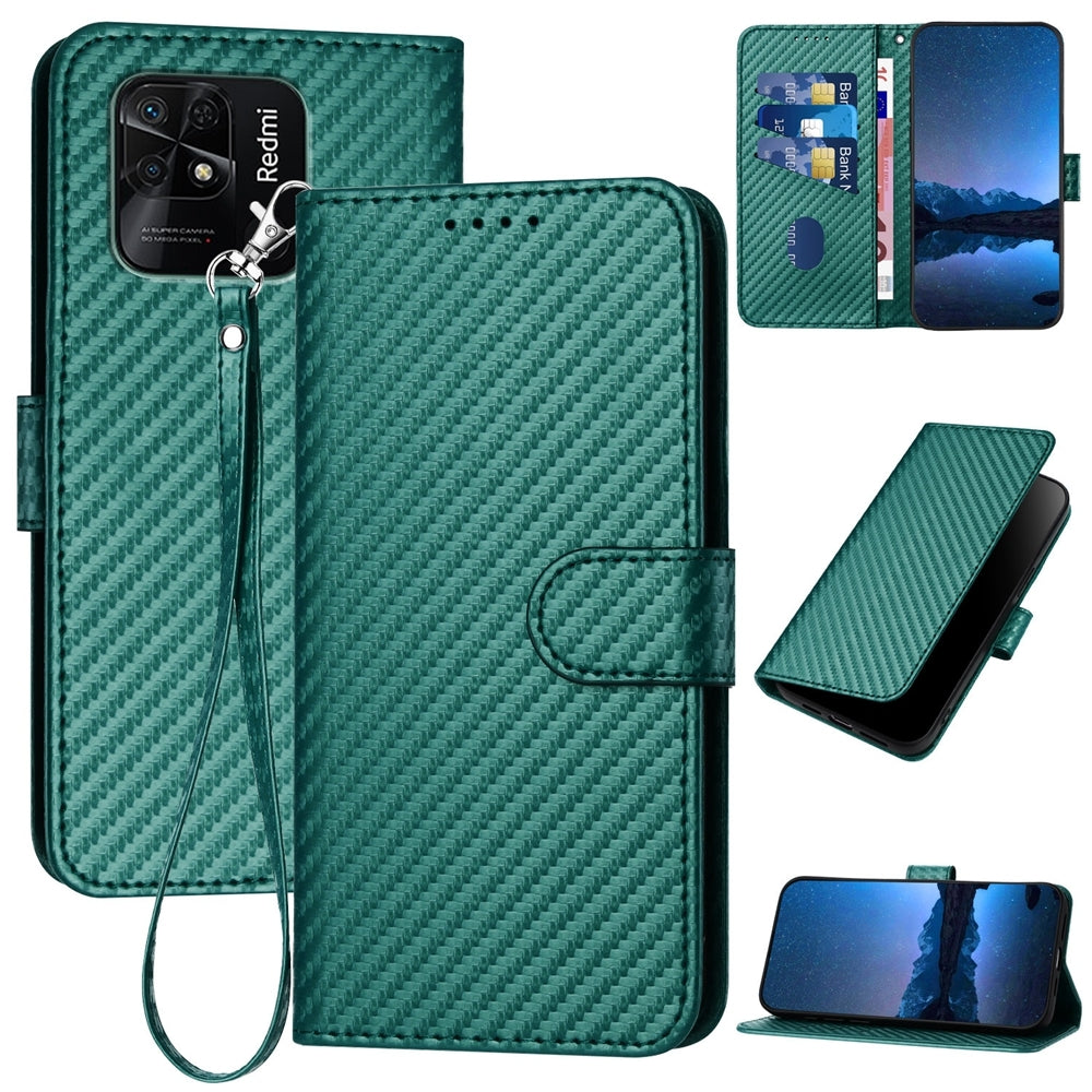 Xiaomi Redmi 10C Carbon Fiber Buckle Leather Phone Case with Lanyard, PU Leather TPU Wallet Cover with Card Slot, Cash Compartment, Stand Function & Scratch Protection
