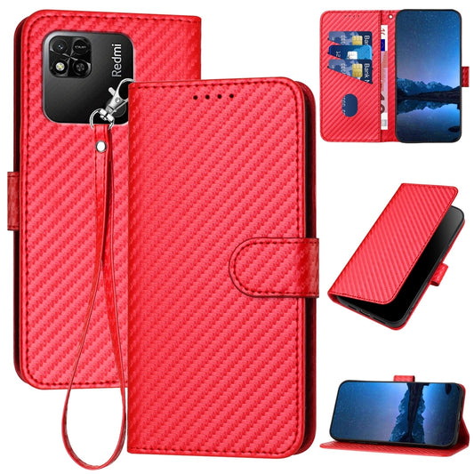 Xiaomi Redmi 10A 4G Carbon Fiber Buckle Leather Phone Case with Lanyard, PU Leather TPU Wallet Cover with Card Slot, Cash Compartment, Stand Function & Scratch Protection
