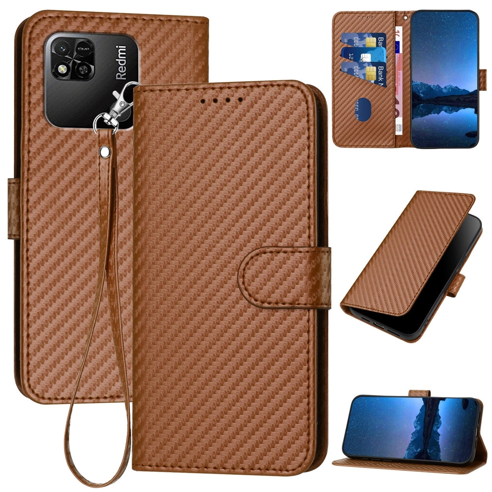Xiaomi Redmi 10A 4G Carbon Fiber Buckle Leather Phone Case with Lanyard, PU Leather TPU Wallet Cover with Card Slot, Cash Compartment, Stand Function & Scratch Protection