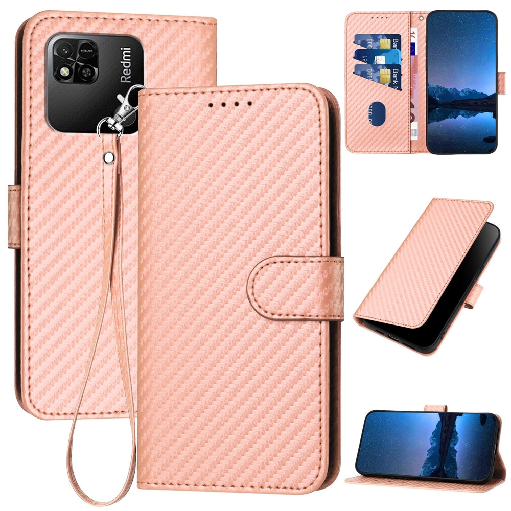 Xiaomi Redmi 10A 4G Carbon Fiber Buckle Leather Phone Case with Lanyard, PU Leather TPU Wallet Cover with Card Slot, Cash Compartment, Stand Function & Scratch Protection