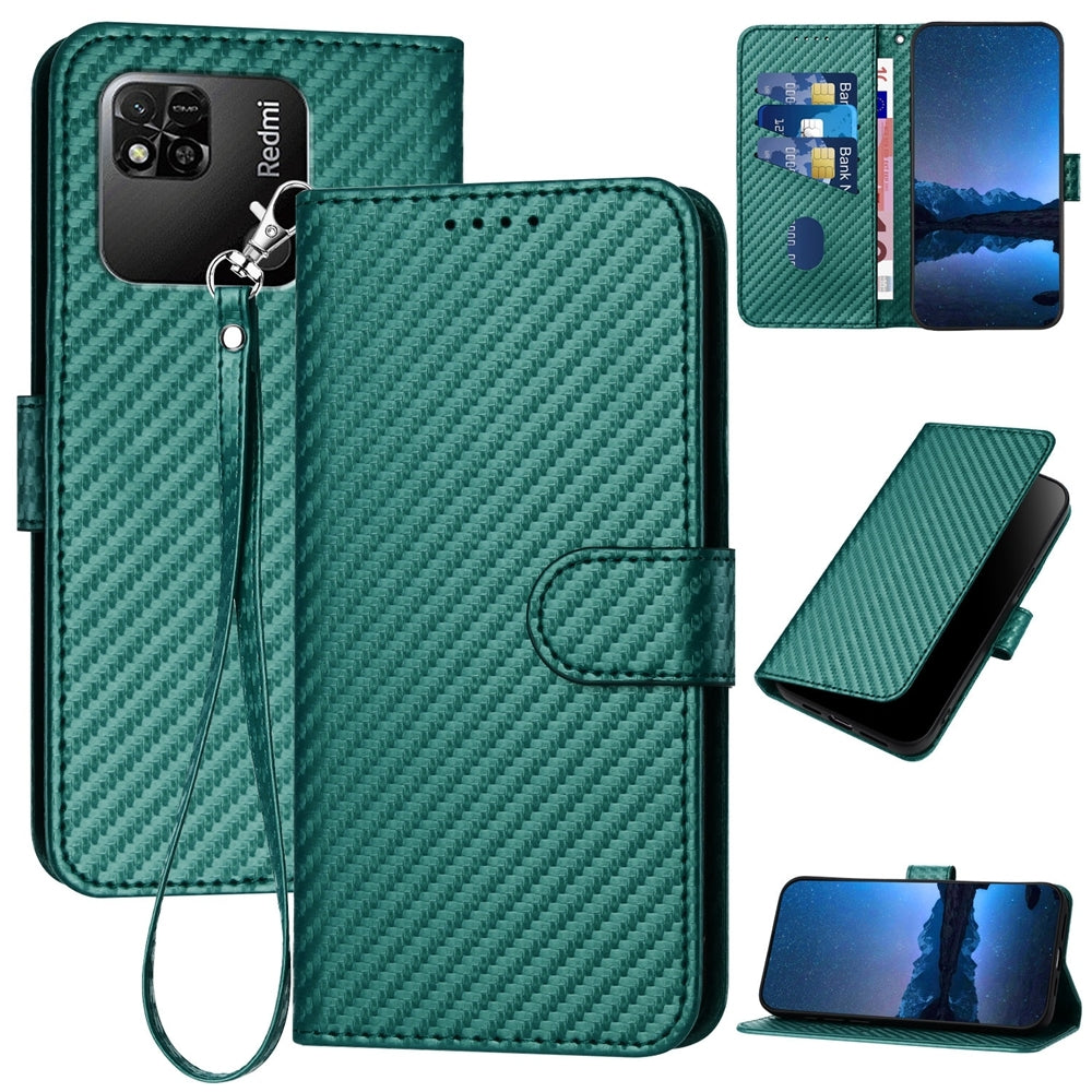 Xiaomi Redmi 10A 4G Carbon Fiber Buckle Leather Phone Case with Lanyard, PU Leather TPU Wallet Cover with Card Slot, Cash Compartment, Stand Function & Scratch Protection