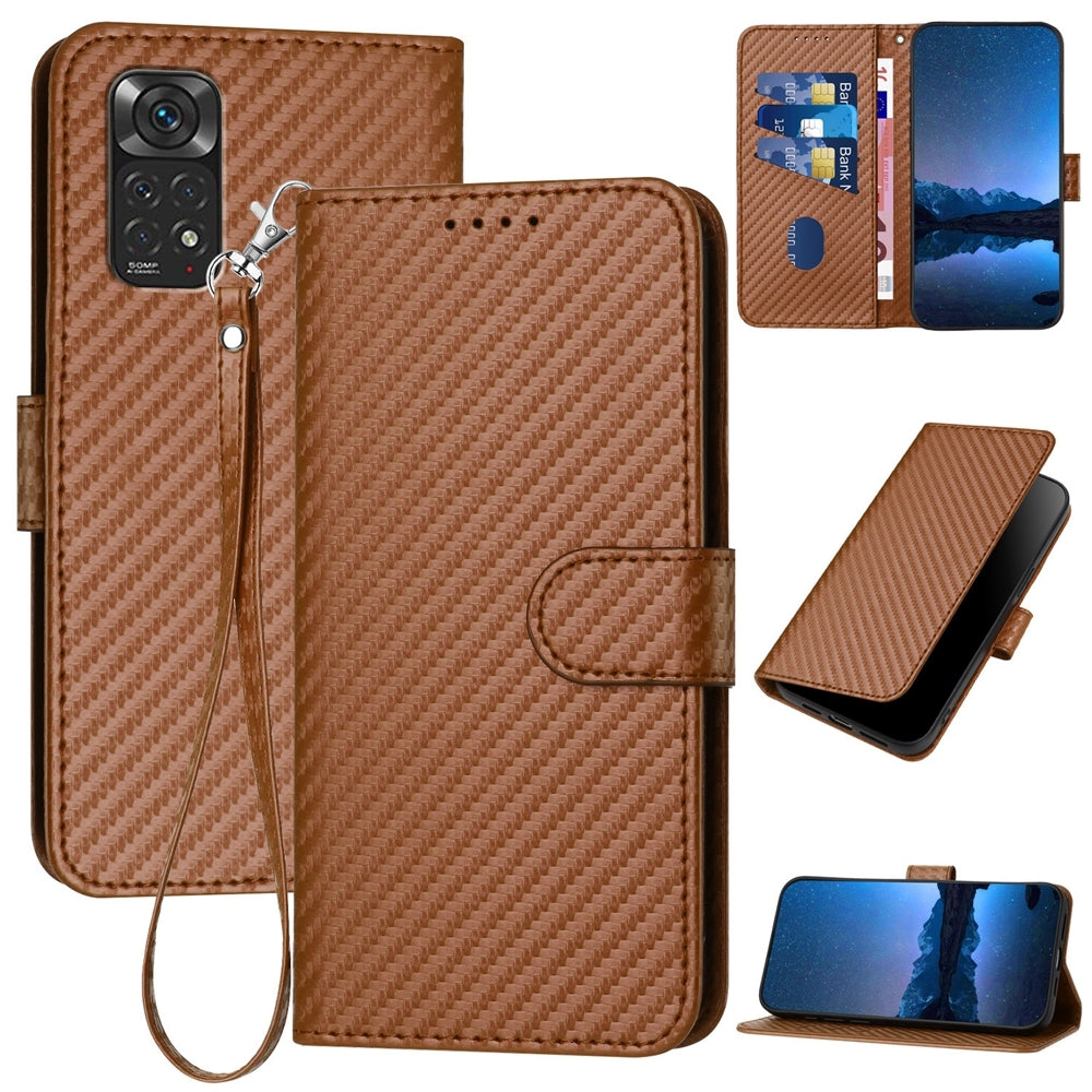 Xiaomi Redmi Note 11S 4G Carbon Fiber Buckle Leather Phone Case with Lanyard, PU Leather TPU Wallet Cover with Card Slot, Cash Compartment, Stand Function & Scratch Protection