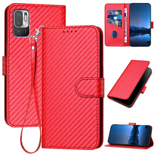 Xiaomi Redmi Note 10 JE Carbon Fiber Buckle Leather Phone Case with Lanyard, PU Leather TPU Wallet Cover with Card Slot, Cash Compartment, Stand Function & Scratch Protection