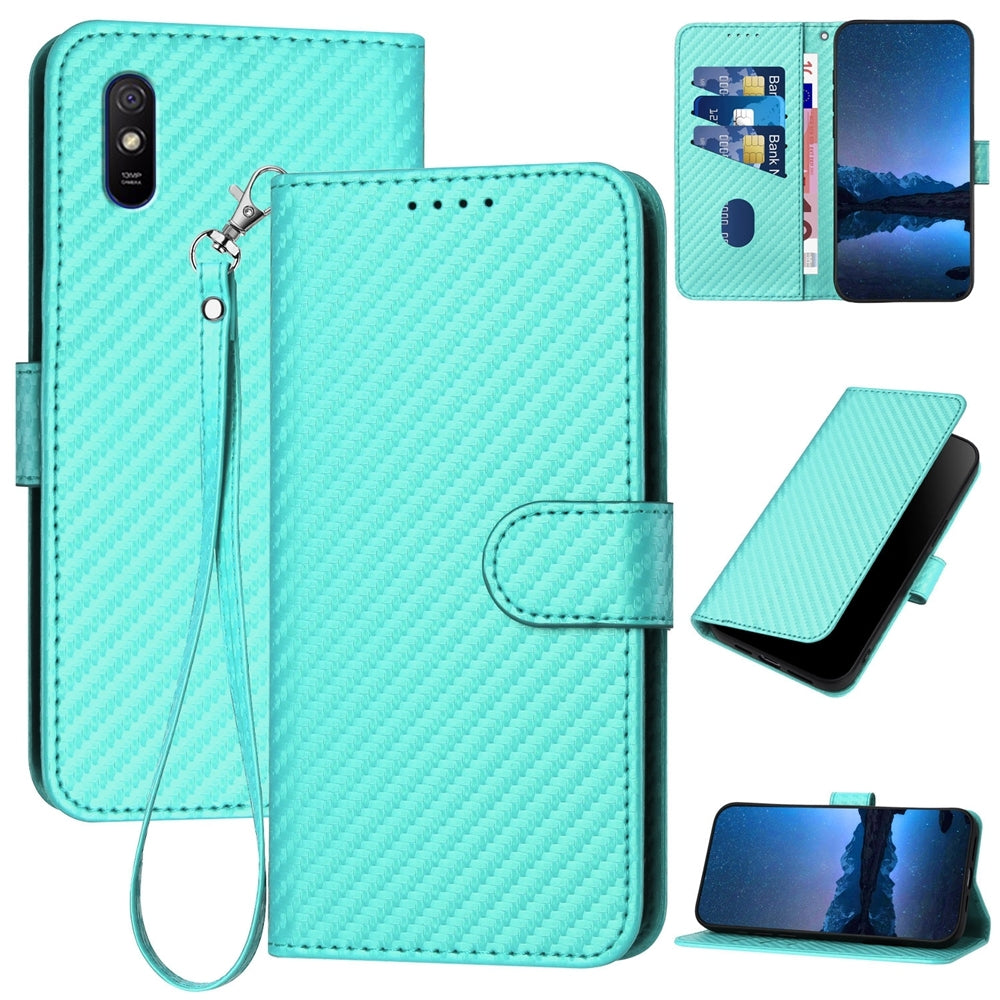 Xiaomi Redmi 9A Carbon Fiber Buckle Leather Phone Case with Lanyard, PU Leather TPU Wallet Cover with Card Slot, Cash Compartment, Stand Function & Scratch Protection