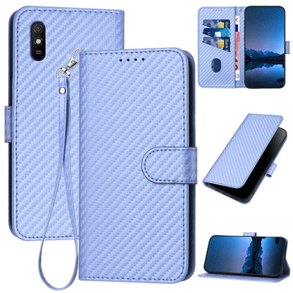 Xiaomi Redmi 9AT Carbon Fiber Buckle Leather Phone Case with Lanyard, PU Leather TPU Wallet Cover with Card Slot, Cash Compartment, Stand Function & Scratch Protection