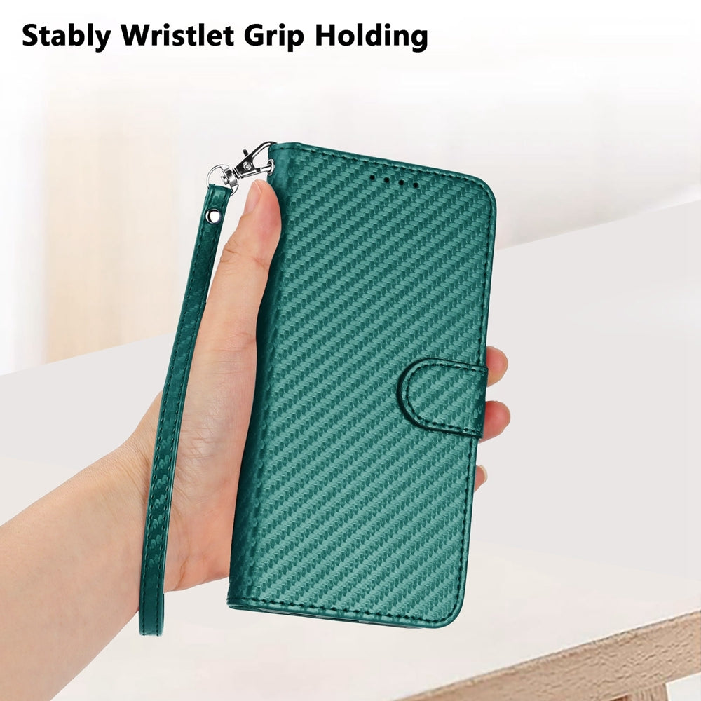 Xiaomi Redmi 9A Carbon Fiber Buckle Leather Phone Case with Lanyard, PU Leather TPU Wallet Cover with Card Slot, Cash Compartment, Stand Function & Scratch Protection