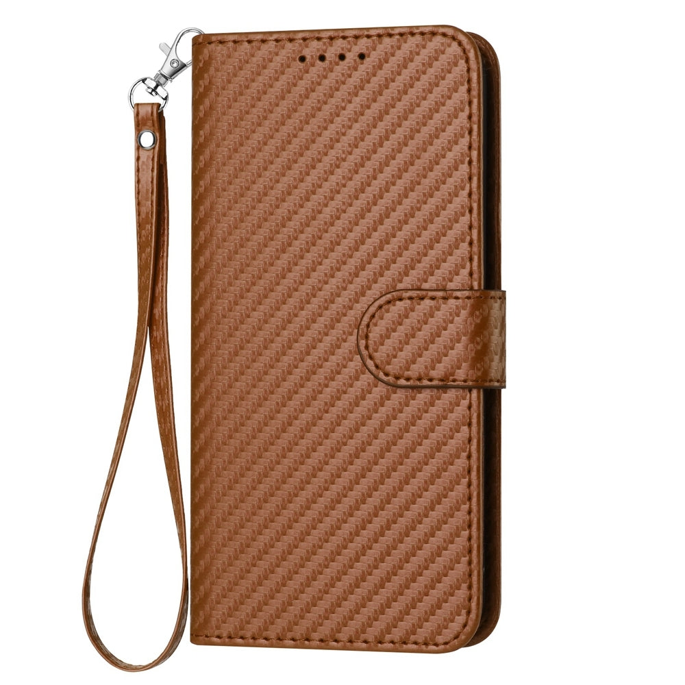 Xiaomi Redmi 10 Carbon Fiber Buckle Leather Phone Case with Lanyard, PU Leather TPU Wallet Cover with Card Slot, Cash Compartment, Stand Function & Scratch Protection