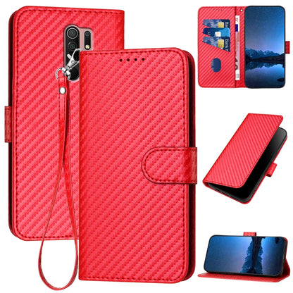 Xiaomi Redmi 9 Carbon Fiber Buckle Leather Phone Case with Lanyard, PU Leather TPU Wallet Cover with Card Slot, Cash Compartment, Stand Function & Scratch Protection