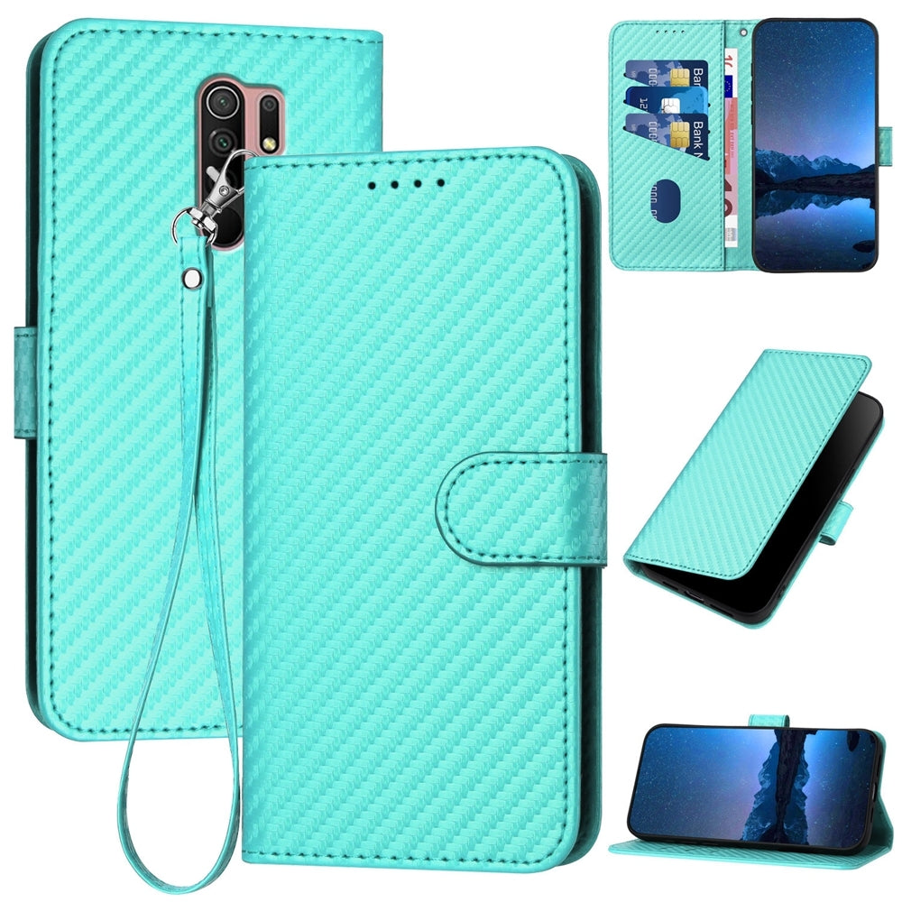 Xiaomi Redmi 9 Carbon Fiber Buckle Leather Phone Case with Lanyard, PU Leather TPU Wallet Cover with Card Slot, Cash Compartment, Stand Function & Scratch Protection