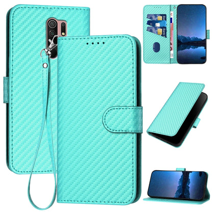 Xiaomi Redmi 9 Carbon Fiber Buckle Leather Phone Case with Lanyard, PU Leather TPU Wallet Cover with Card Slot, Cash Compartment, Stand Function & Scratch Protection