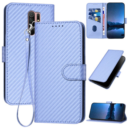 Xiaomi Poco M2 Carbon Fiber Buckle Leather Phone Case with Lanyard, PU Leather TPU Wallet Cover with Card Slot, Cash Compartment, Stand Function & Scratch Protection