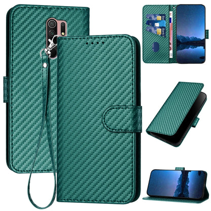 Xiaomi Poco M2 Carbon Fiber Buckle Leather Phone Case with Lanyard, PU Leather TPU Wallet Cover with Card Slot, Cash Compartment, Stand Function & Scratch Protection