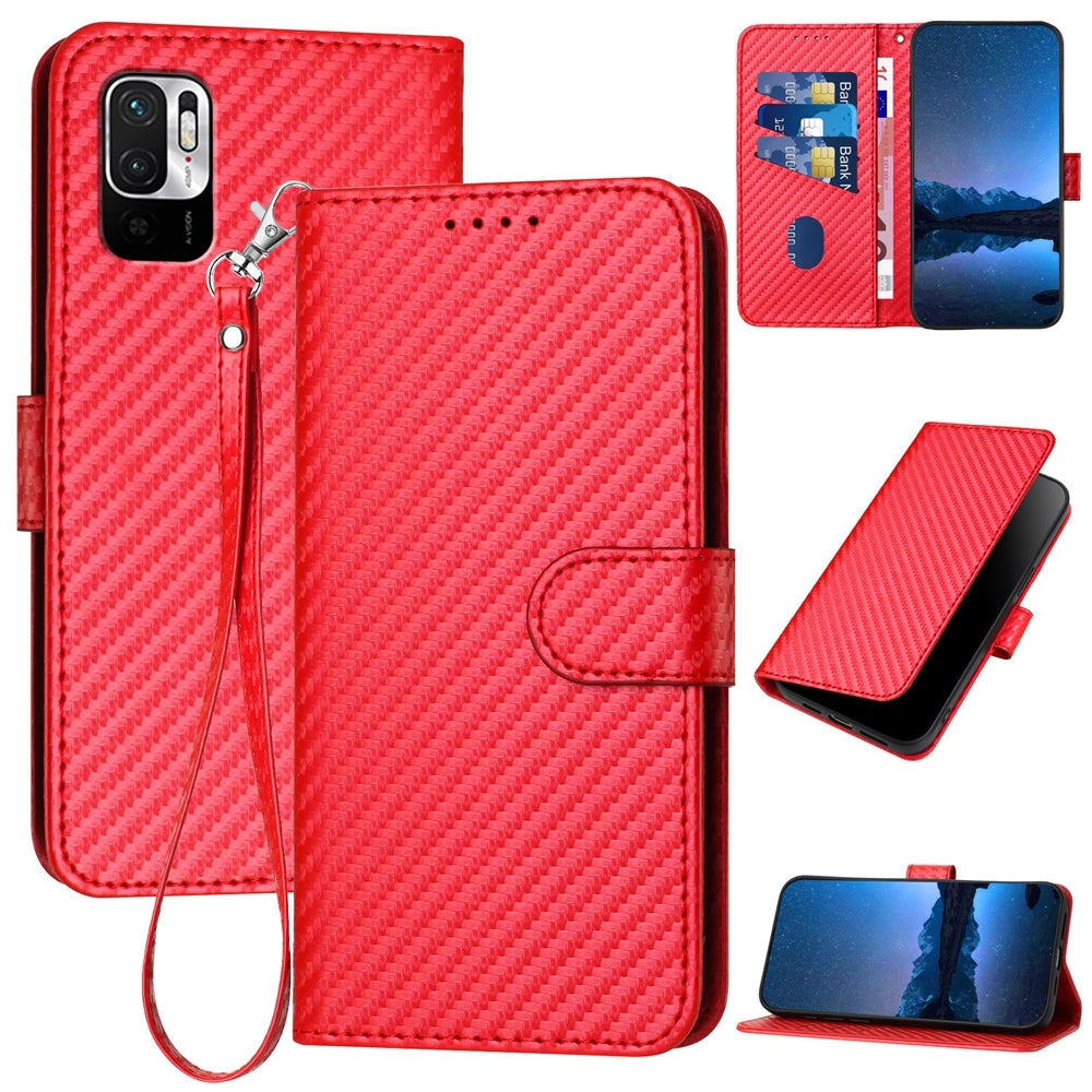 Xiaomi Poco M3 Pro 5G Carbon Fiber Buckle Leather Phone Case with Lanyard, PU Leather TPU Wallet Cover with Card Slot, Cash Compartment, Stand Function & Scratch Protection