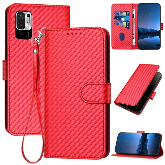 Xiaomi Poco M3 Pro 5G Carbon Fiber Buckle Leather Phone Case with Lanyard, PU Leather TPU Wallet Cover with Card Slot, Cash Compartment, Stand Function & Scratch Protection
