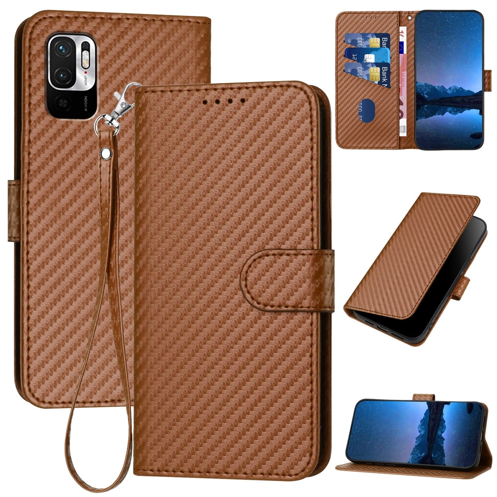 Xiaomi Poco M3 Pro 5G Carbon Fiber Buckle Leather Phone Case with Lanyard, PU Leather TPU Wallet Cover with Card Slot, Cash Compartment, Stand Function & Scratch Protection