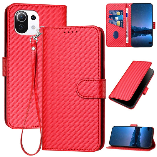 Xiaomi Mi 11 Lite 5G Carbon Fiber Buckle Leather Phone Case with Lanyard, PU Leather TPU Wallet Cover with Card Slot, Cash Compartment, Stand Function & Scratch Protection