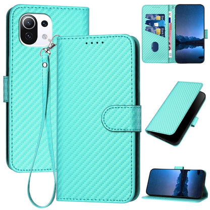Xiaomi Mi 11 Lite 4G Carbon Fiber Buckle Leather Phone Case with Lanyard, PU Leather TPU Wallet Cover with Card Slot, Cash Compartment, Stand Function & Scratch Protection