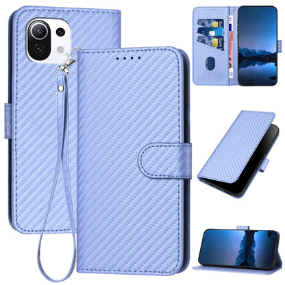Xiaomi Mi 11 Lite 4G Carbon Fiber Buckle Leather Phone Case with Lanyard, PU Leather TPU Wallet Cover with Card Slot, Cash Compartment, Stand Function & Scratch Protection