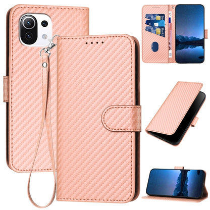 Xiaomi Mi 11 Lite 5G Carbon Fiber Buckle Leather Phone Case with Lanyard, PU Leather TPU Wallet Cover with Card Slot, Cash Compartment, Stand Function & Scratch Protection