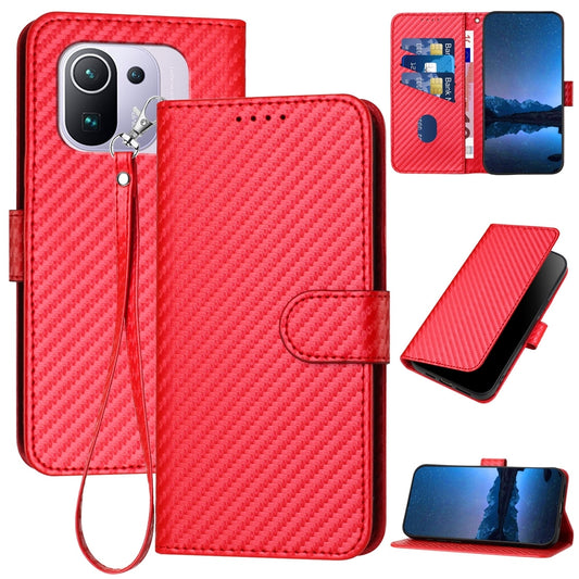 Xiaomi Mi 11 Pro Carbon Fiber Buckle Leather Phone Case with Lanyard, PU Leather TPU Wallet Cover with Card Slot, Cash Compartment, Stand Function & Scratch Protection