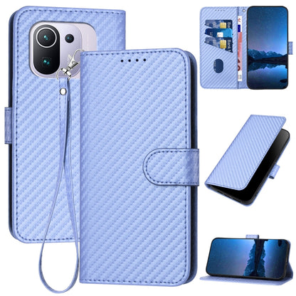 Xiaomi Mi 11 Pro Carbon Fiber Buckle Leather Phone Case with Lanyard, PU Leather TPU Wallet Cover with Card Slot, Cash Compartment, Stand Function & Scratch Protection
