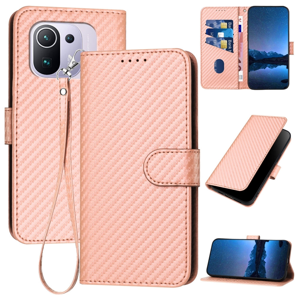 Xiaomi Mi 11 Pro Carbon Fiber Buckle Leather Phone Case with Lanyard, PU Leather TPU Wallet Cover with Card Slot, Cash Compartment, Stand Function & Scratch Protection