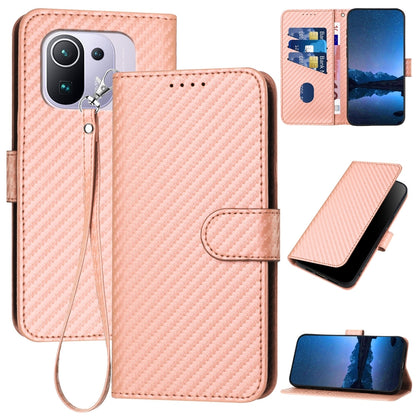 Xiaomi Mi 11 Pro Carbon Fiber Buckle Leather Phone Case with Lanyard, PU Leather TPU Wallet Cover with Card Slot, Cash Compartment, Stand Function & Scratch Protection