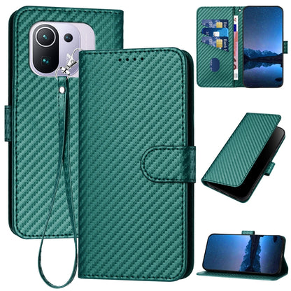 Xiaomi Mi 11 Pro Carbon Fiber Buckle Leather Phone Case with Lanyard, PU Leather TPU Wallet Cover with Card Slot, Cash Compartment, Stand Function & Scratch Protection