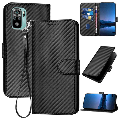 Xiaomi Redmi Note 10S Carbon Fiber Buckle Leather Phone Case with Lanyard, PU Leather TPU Wallet Cover with Card Slot, Cash Compartment, Stand Function & Scratch Protection