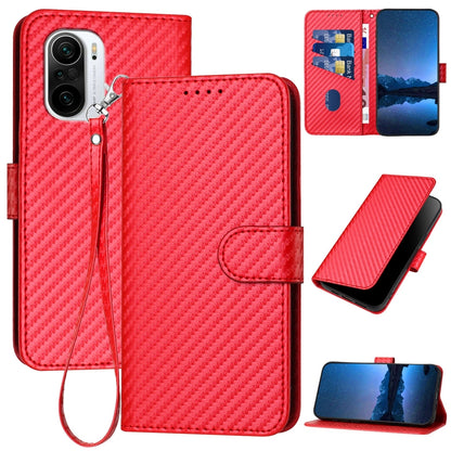 Xiaomi Poco F3 Carbon Fiber Buckle Leather Phone Case with Lanyard, PU Leather TPU Wallet Cover with Card Slot, Cash Compartment, Stand Function & Scratch Protection