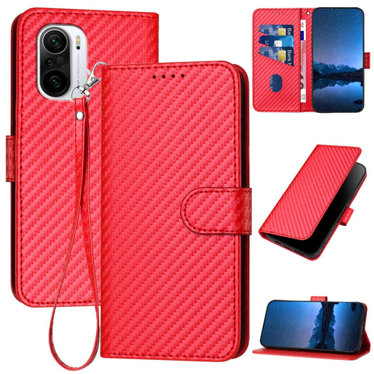 Xiaomi K40 Pro Carbon Fiber Buckle Leather Phone Case with Lanyard, PU Leather TPU Wallet Cover with Card Slot, Cash Compartment, Stand Function & Scratch Protection