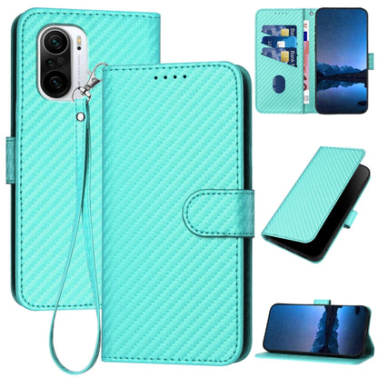 Xiaomi K40 Carbon Fiber Buckle Leather Phone Case with Lanyard, PU Leather TPU Wallet Cover with Card Slot, Cash Compartment, Stand Function & Scratch Protection