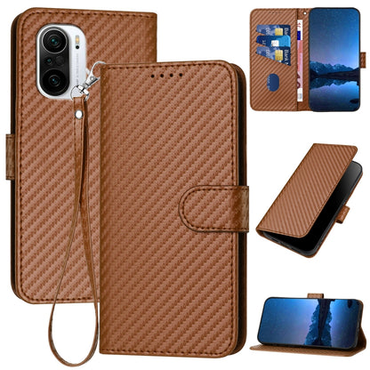 Xiaomi K40 Pro Carbon Fiber Buckle Leather Phone Case with Lanyard, PU Leather TPU Wallet Cover with Card Slot, Cash Compartment, Stand Function & Scratch Protection